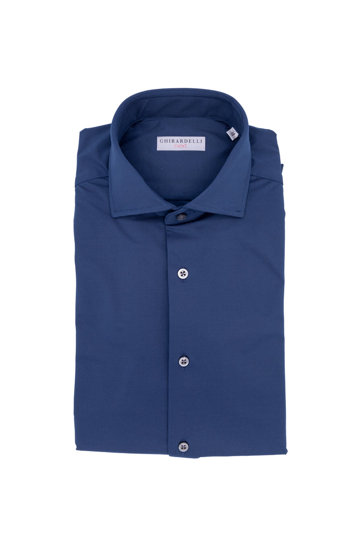 Slim blue shirt in stretch technical fabric with dot micro-pattern