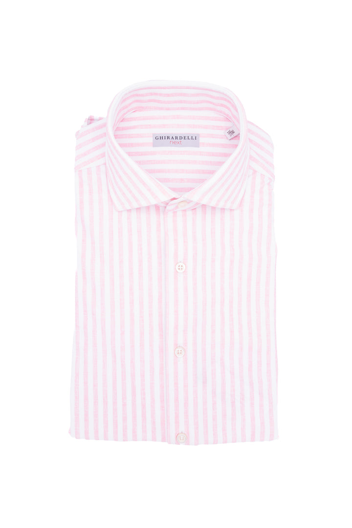 Camicia slim in tessuto tecnico stretch a righe bianche e rosa