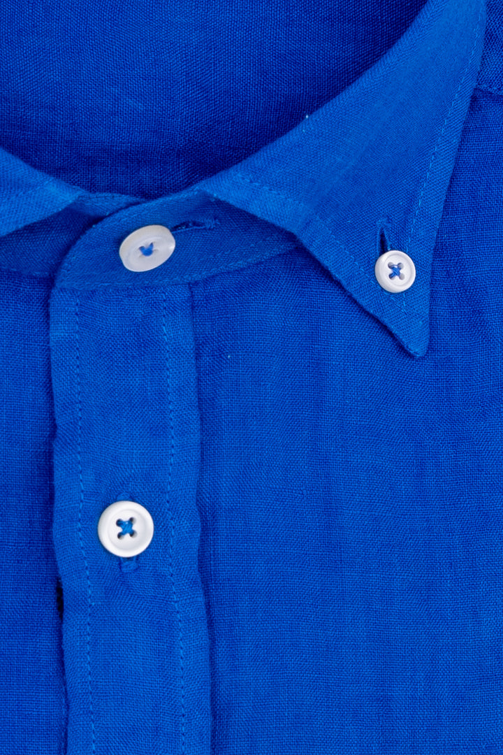 Camicia slim button down blu in lino