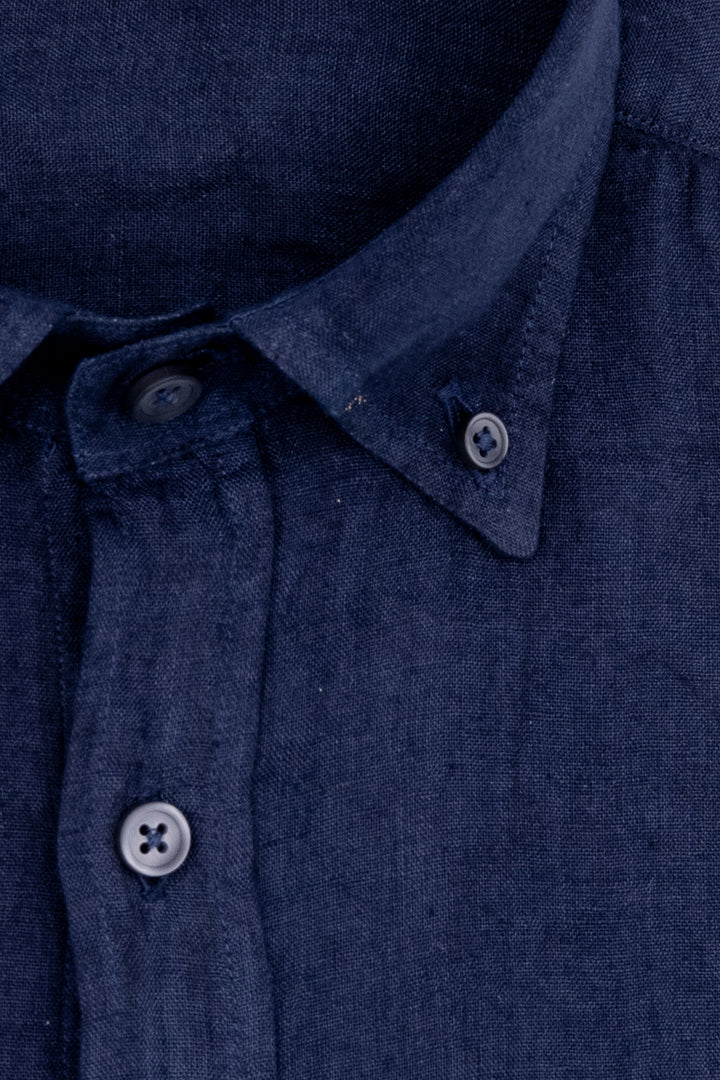 Camicia slim button down blu notte in lino