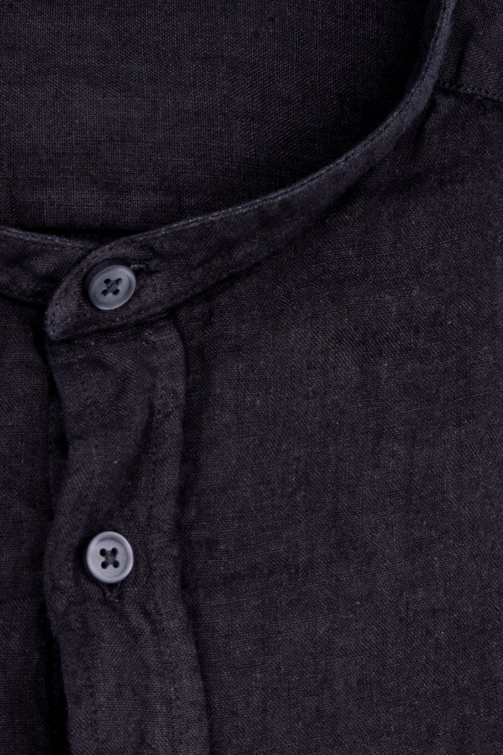 Slim black linen shirt with mandarin collar
