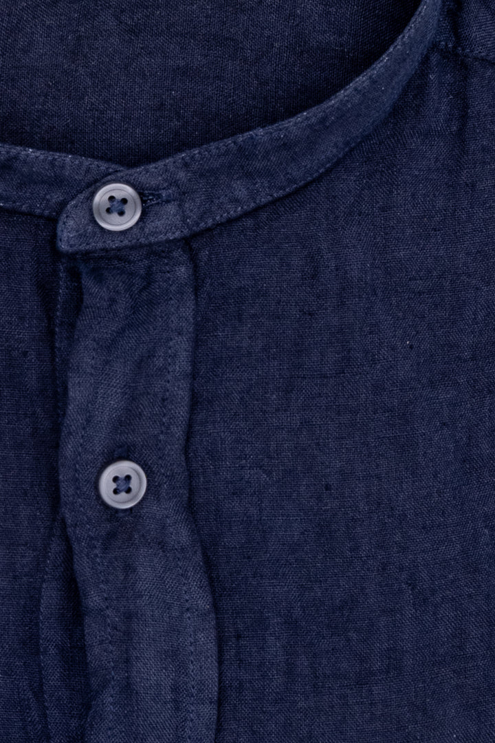 Midnight blue slim linen shirt with mandarin collar