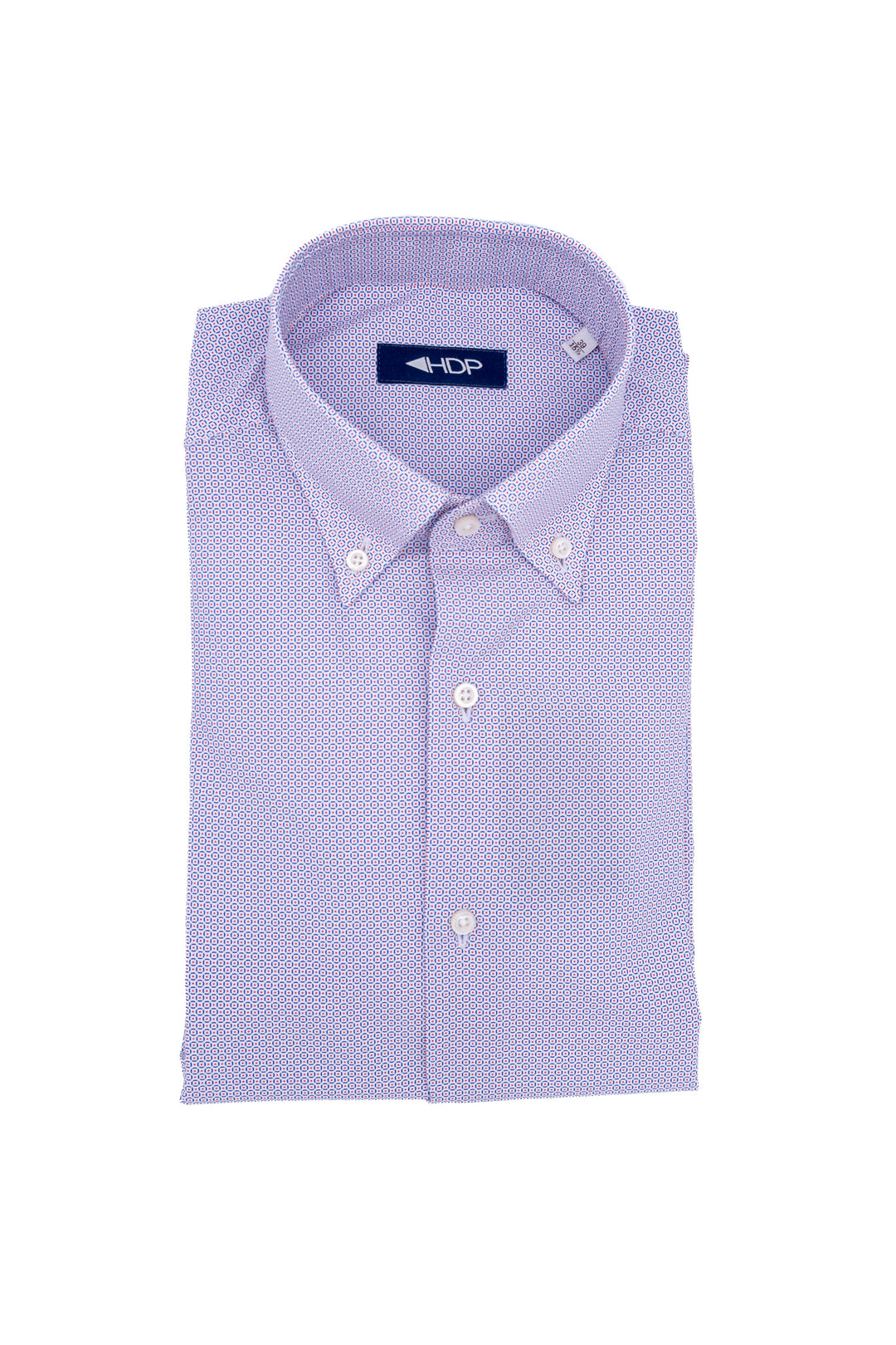 Camicia slim button down in cotone con microstampa geometrica blu e rossa