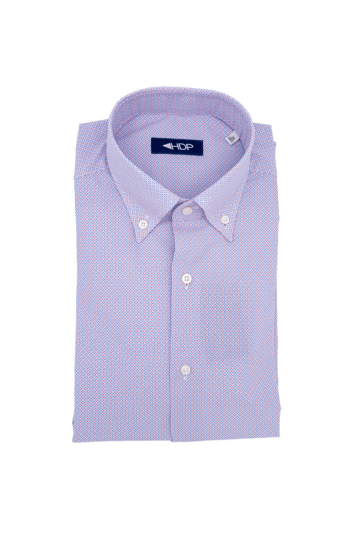 Camicia slim button down in cotone con microstampa geometrica blu e rossa