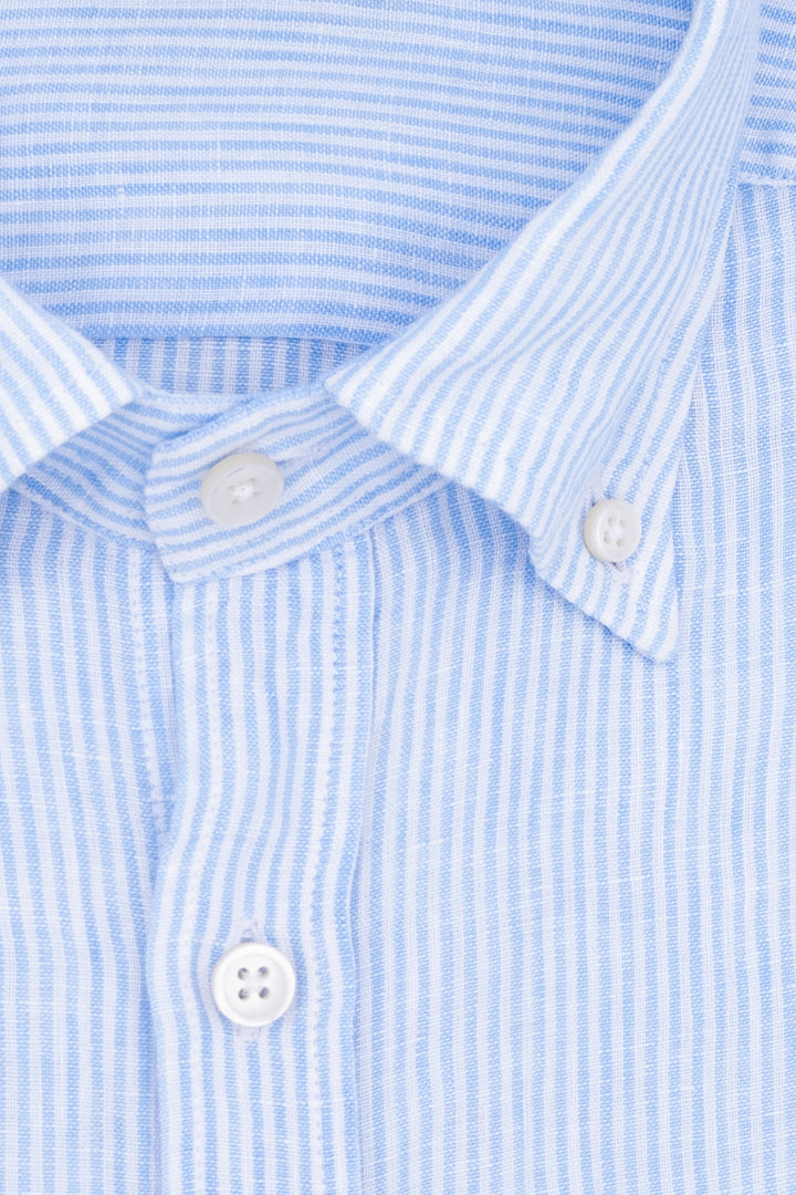 Slim button-down shirt in white and light blue striped linen
