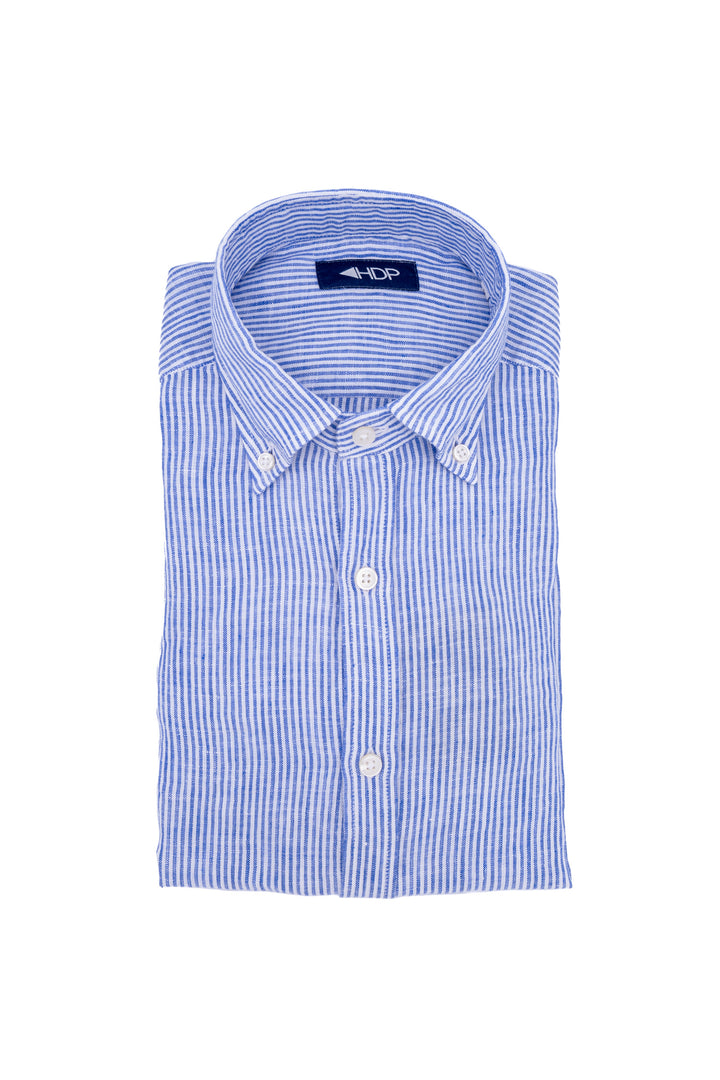 Camicia slim button down in lino a righe bianche e blu