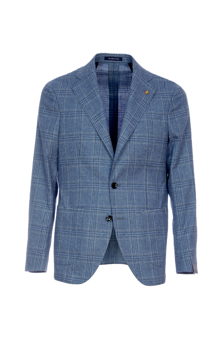 Veste en laine tartan bleu clair non doublée à deux boutons