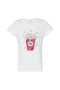 White stretch cotton T-shirt with popcorn print and applications