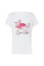 T-shirt bianca in cotone stretch con stampa fenicottero e applicazioni