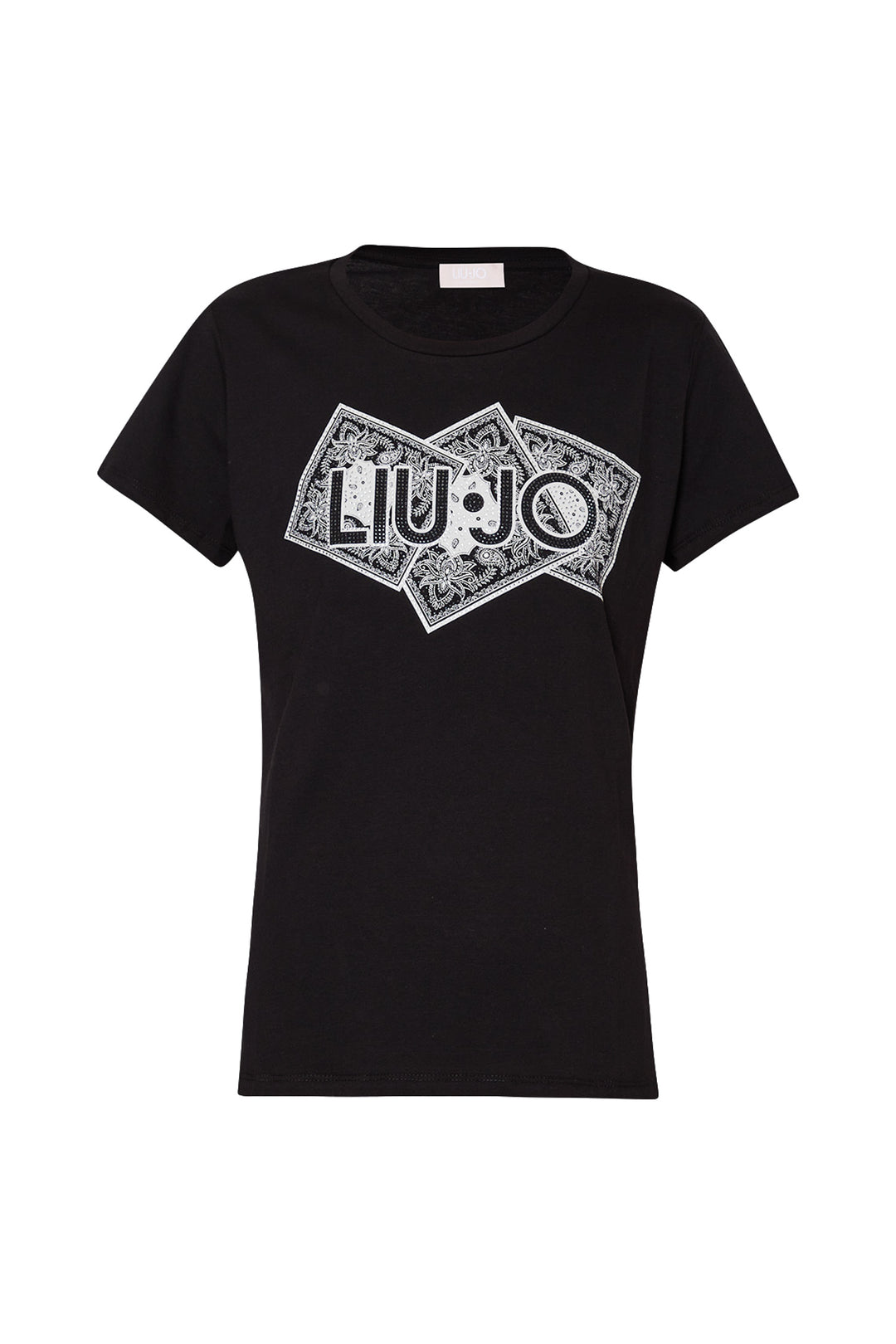 LIU JO T-shirt nera in cotone con stampa LIU JO e applicazioni - Mancinelli 1954