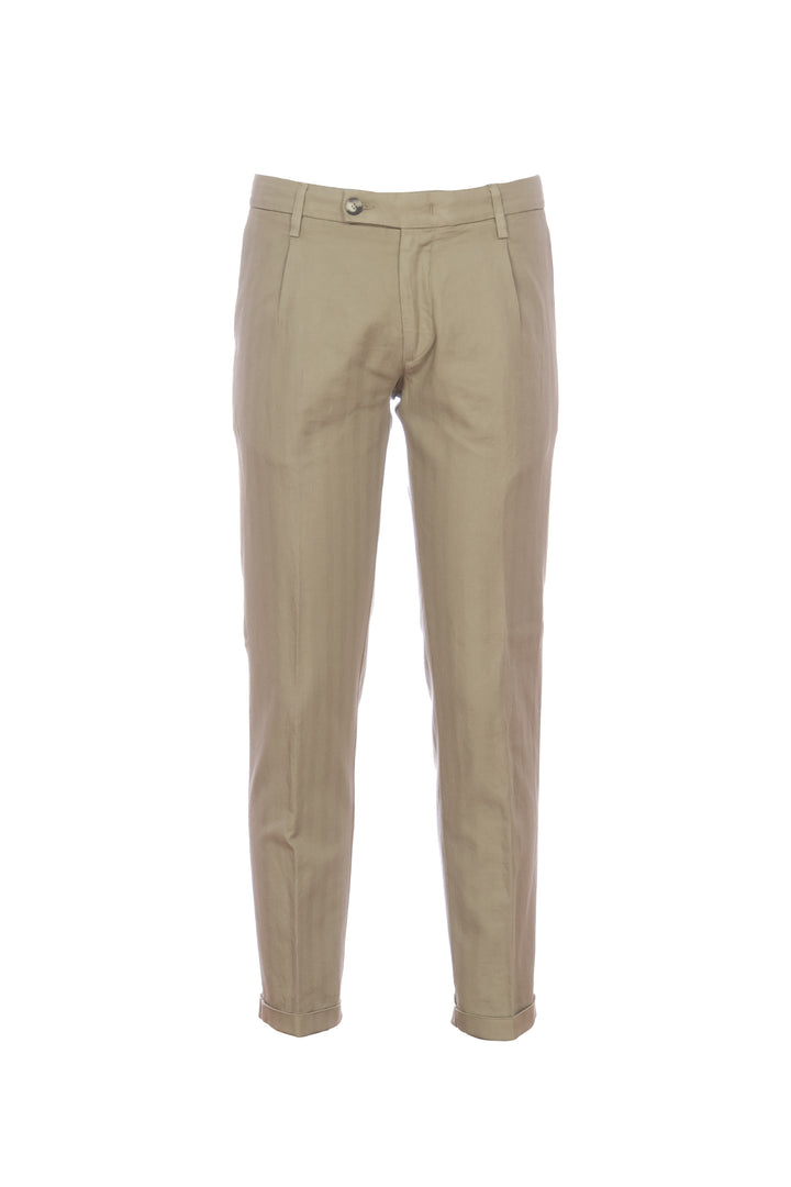“MUCHA-P1C” sand striped cotton and linen chinos with cuffs