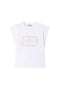 T-shirt blanc avec T ovale rose et mancherons