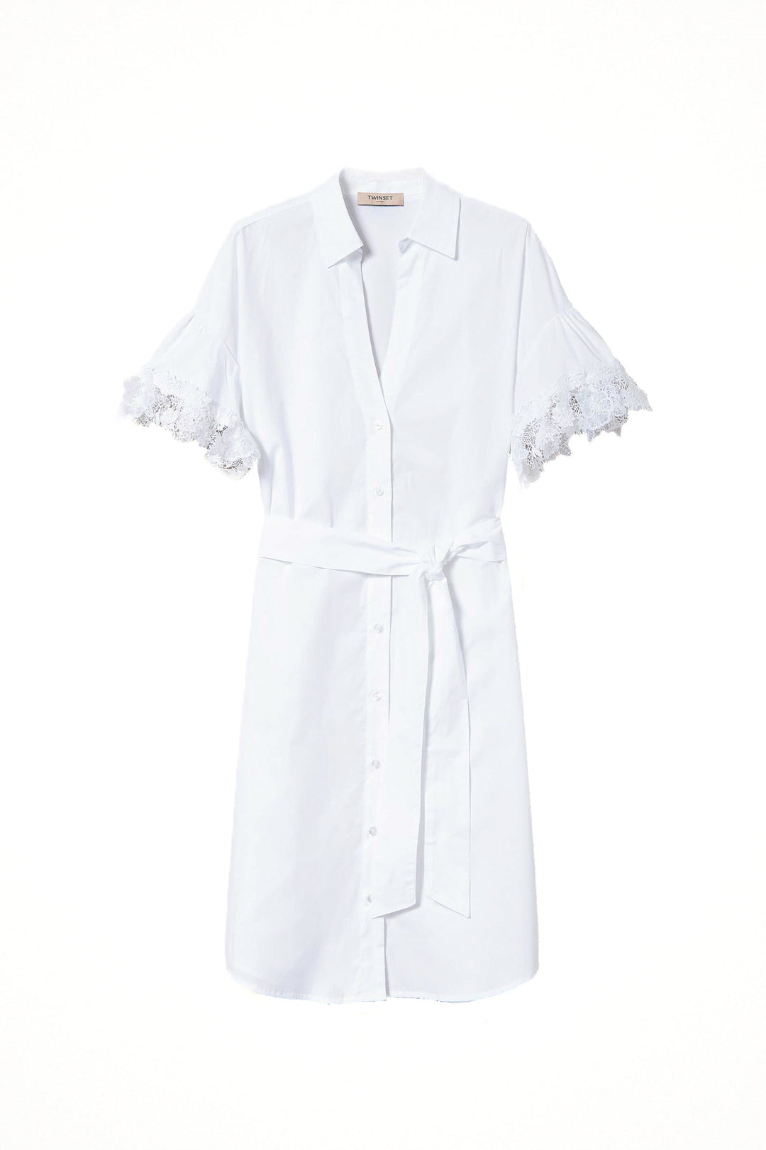 TWINSET Abito longuette bianco in popeline con patch floreali