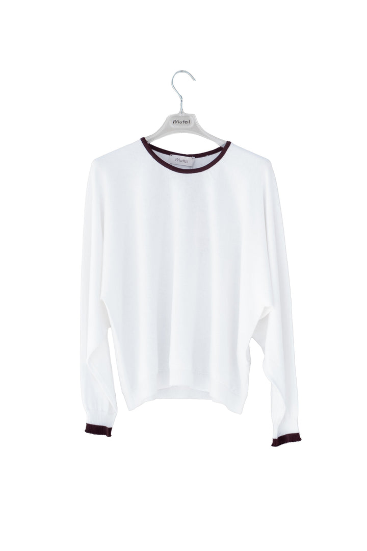 MOTEL Maglia girocollo bianca in cotone con bordi a contrasti - Mancinelli 1954