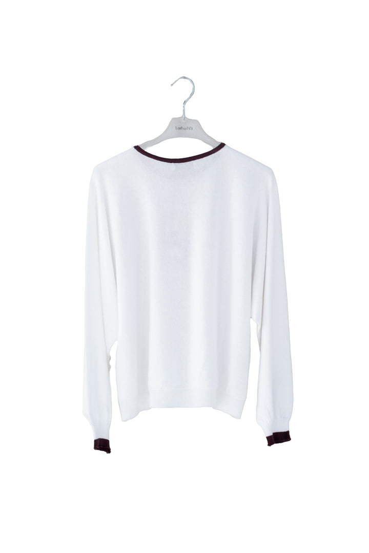 MOTEL Maglia girocollo bianca in cotone con bordi a contrasti - Mancinelli 1954