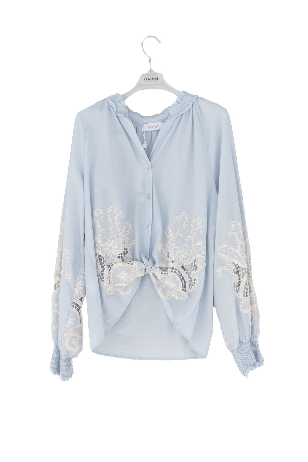 MOTEL Camicia Celeste con Ricami e Nodo Frontale - Mancinelli 1954