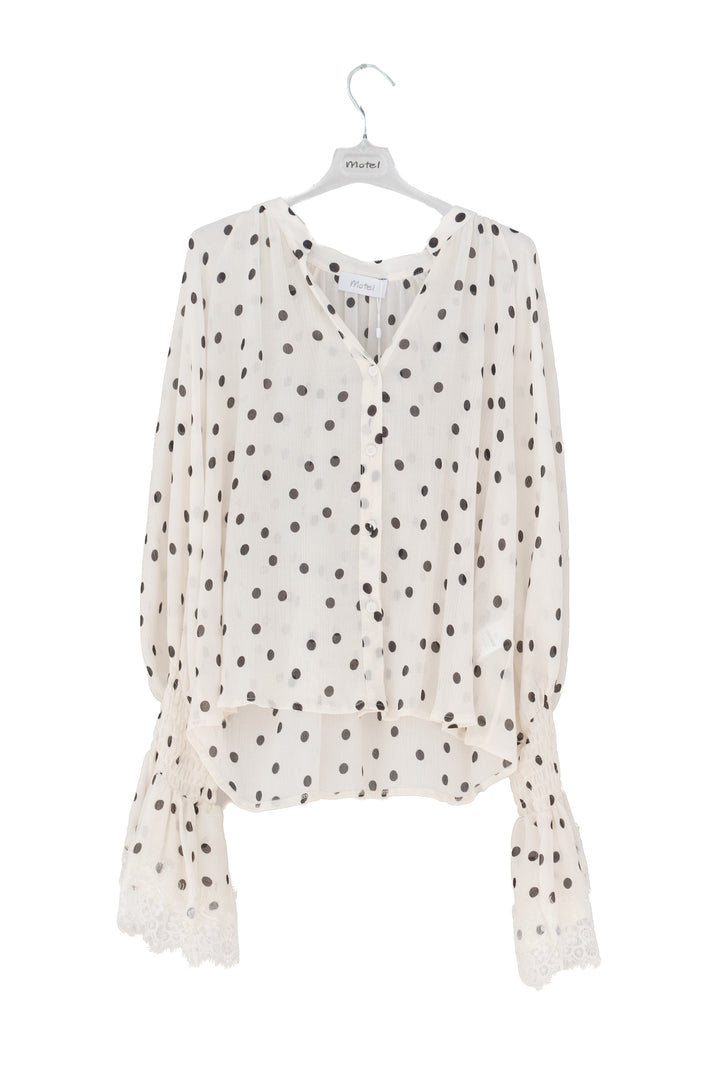 MOTEL Blusa bianca a Pois con Polsini in Pizzo - Mancinelli 1954