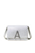 Silver shoulder bag with rhinestone logo