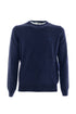 Dark blue crew-neck sweater in wool with contrasts
