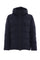 Dark blue padded down jacket in technical fabric with hood