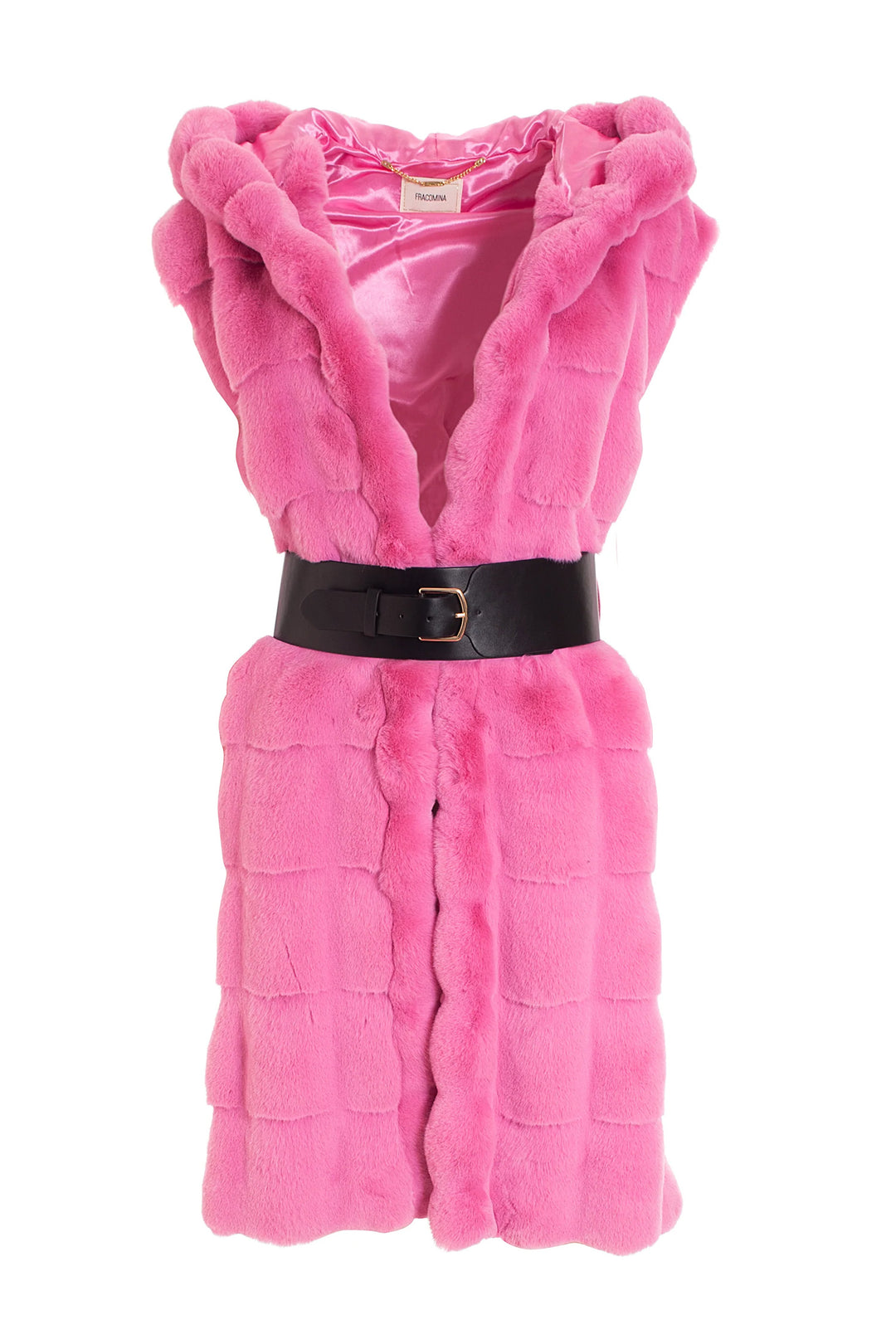 FRACOMINA Gilet regular midi rosa in eco pelliccia con cappuccio e cintura - Mancinelli 1954