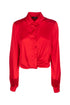 Red satin cropped shirt with cross on the front