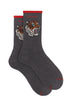 Short socks in cotton terry navy blue with tiger pattern