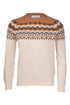 Cream jacquard crewneck sweater in brown cowichan patterned air wool