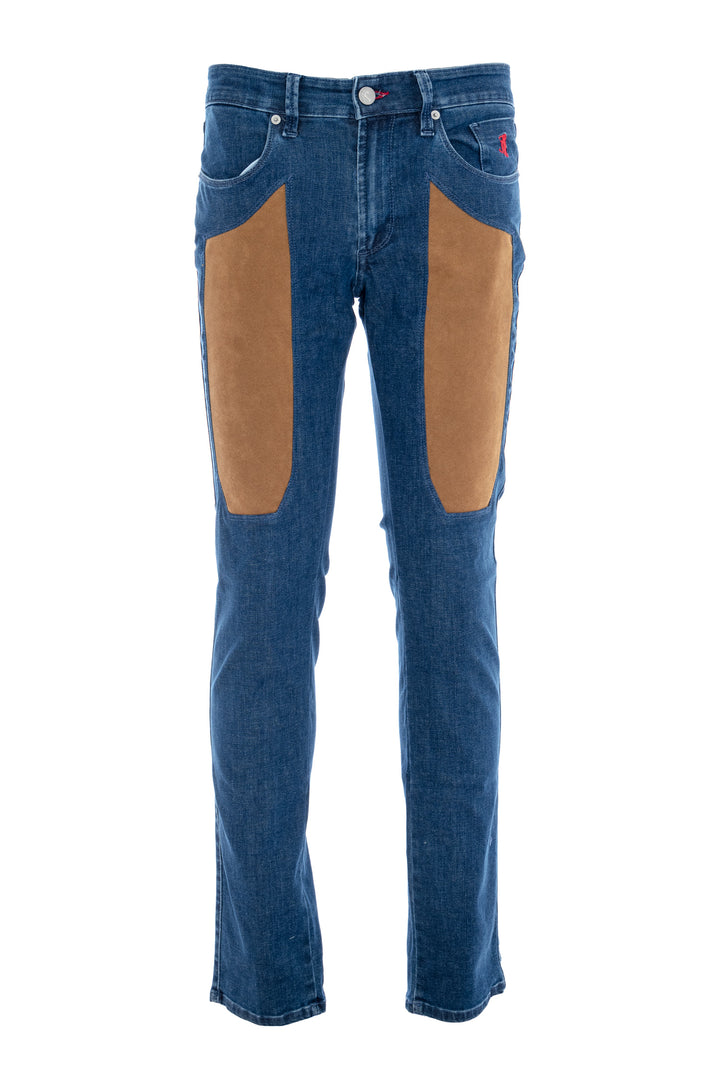 JECKERSON Jeans cinque tasche in denim stretch Tri-Blend con toppe in alcantara cammello - Mancinelli 1954