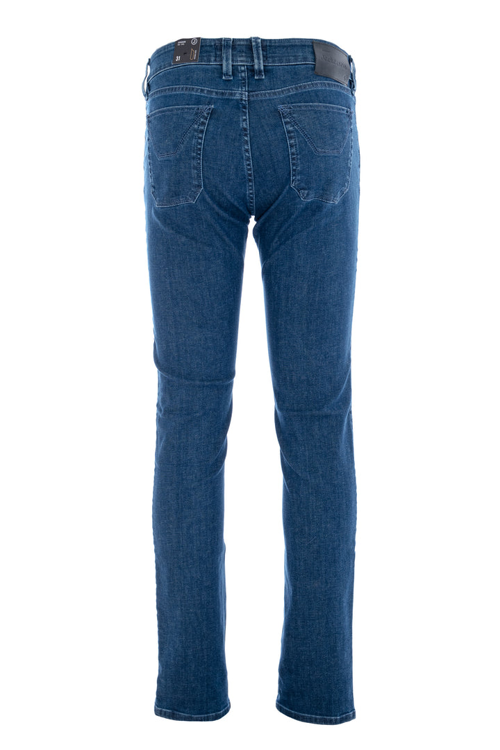 JECKERSON Jeans cinque tasche in denim stretch Tri-Blend con toppe in alcantara cammello - Mancinelli 1954