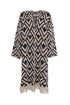 Long open jacket in alpaca blend with fringes and black and white geometric pattern