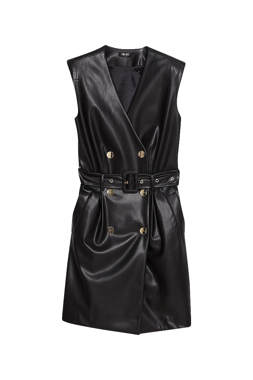 LIU JO Vestito nero in tessuto spalmato con scollo a V e cintura - Mancinelli 1954