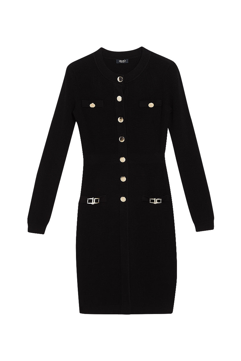 LIU JO Vestito nero girocollo ecosostenibile in maglia con logo gioiello - Mancinelli 1954