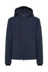 Smooth graphite blue waterproof bomber jacket with detachable hood