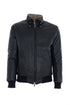 Reversible padded leather jacket with jersey cuffs