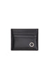 Black leather credit card holder with metal logo