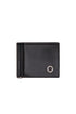 Black leather wallet with banknote clip and metal logo