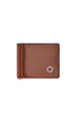 Brown leather wallet with banknote clip and metal logo