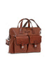 Brown leather briefcase with shoulder strap and front pockets