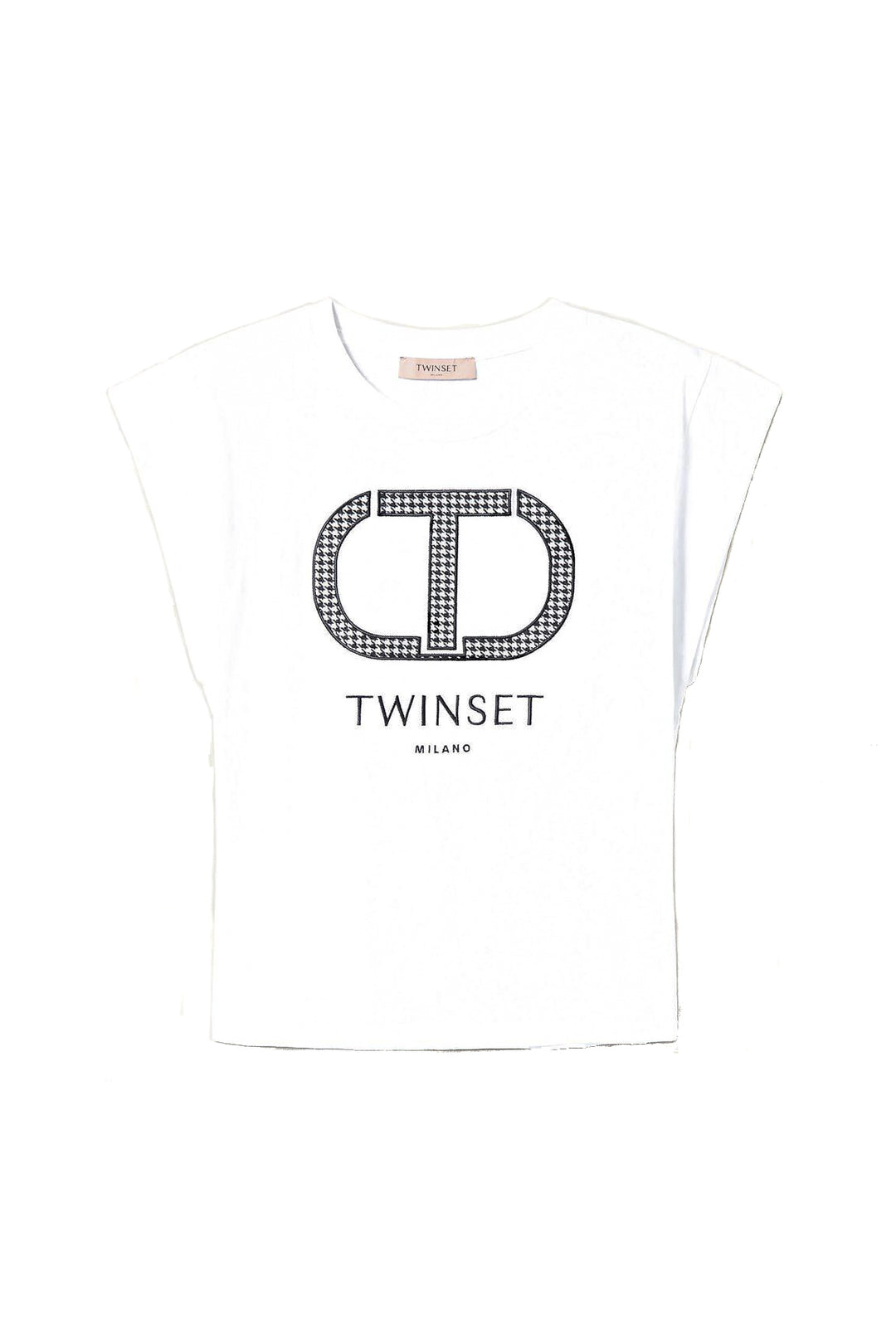 TWINSET T-shirt bianca con logo pied de poule - Mancinelli 1954