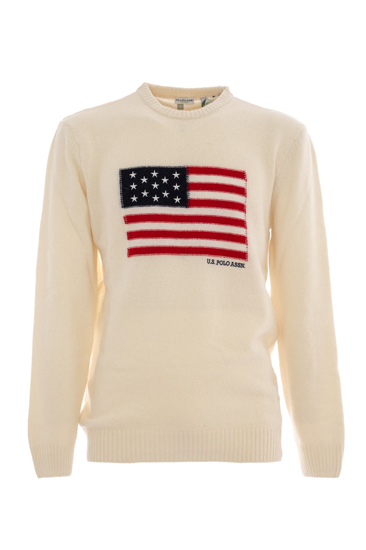U.S. POLO ASSN. Maglia girocollo bianca in lana merinos con bandiera ricamata - Mancinelli 1954