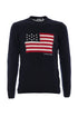 Navy blue crewneck sweater in merino wool with embroidered flag