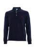 Navy blue long-sleeved polo shirt with patches and logo