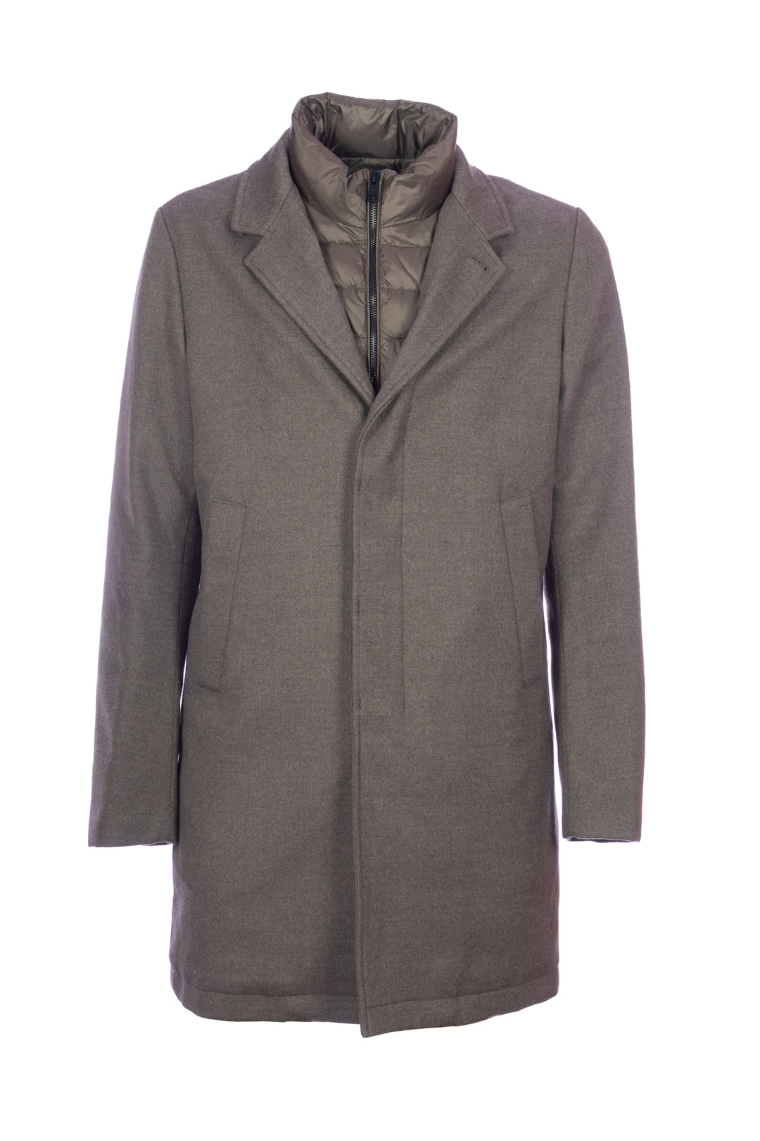 DUNO Cappotto imbottito grigio in lana tecnica con pettorina rimovibile - Mancinelli 1954