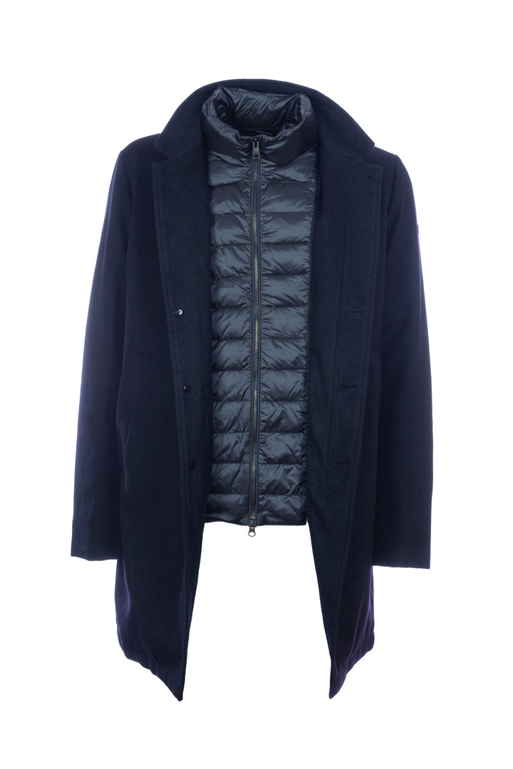 DUNO Cappotto imbottito blu scuro in lana tecnica con pettorina rimovibile - Mancinelli 1954