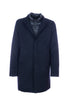 Cappotto imbottito blu scuro in lana tecnica con pettorina rimovibile