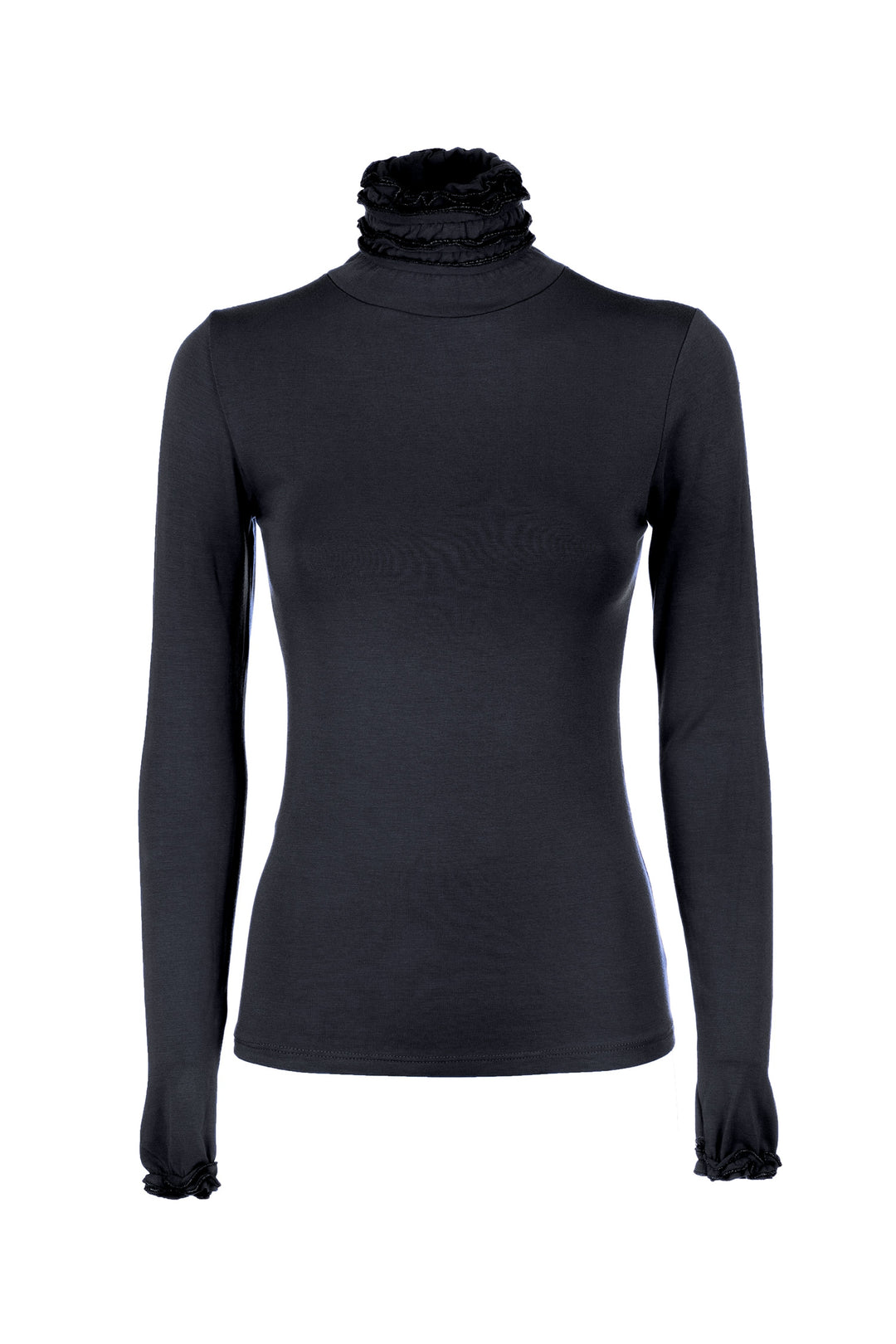 FRACOMINA Top slim nero in jersey stretch con collo alto con rouches - Mancinelli 1954