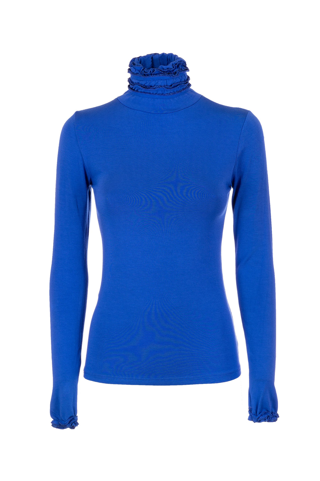 FRACOMINA Top slim bluette in jersey stretch con collo alto con rouches - Mancinelli 1954