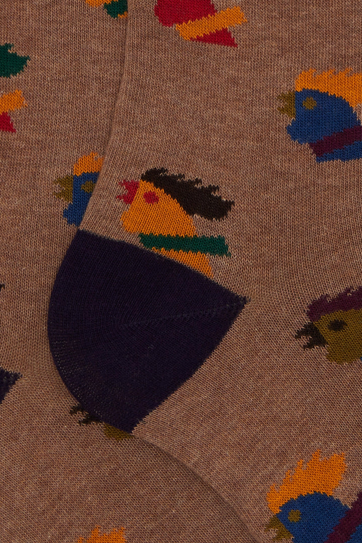 GALLO Calze lunghe cotone marrone fantasia galli multicolore - Mancinelli 1954