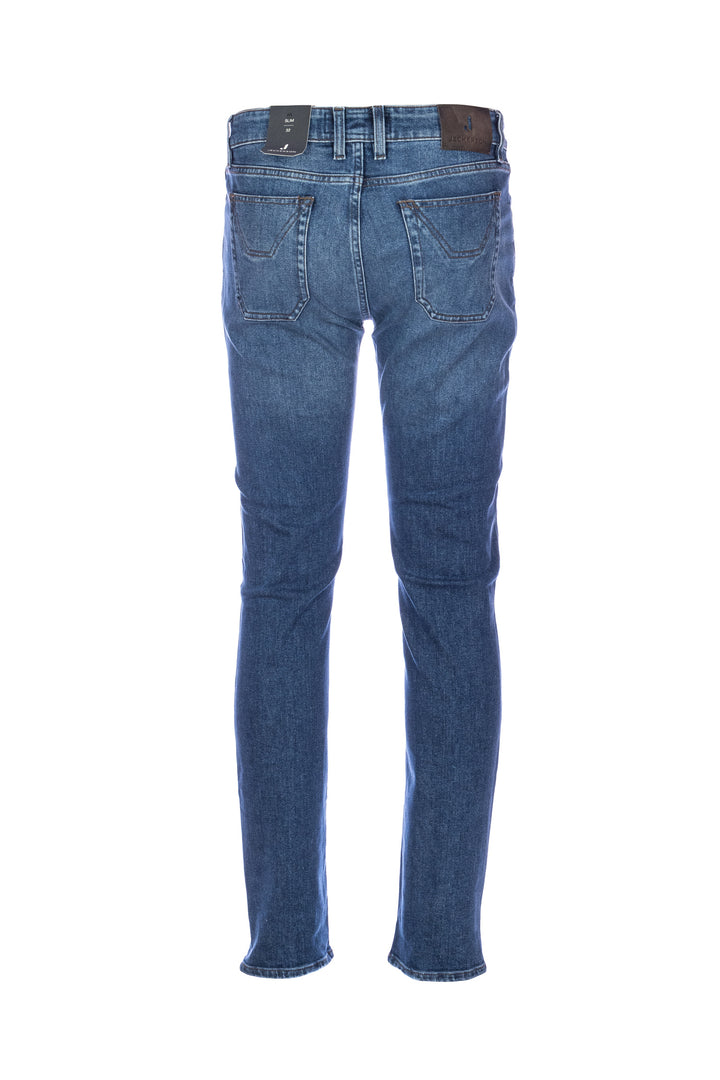 JECKERSON Jeans slim 5 tasche “JOHN” in denim di cotone stretch lavaggio medio con toppe - Mancinelli 1954